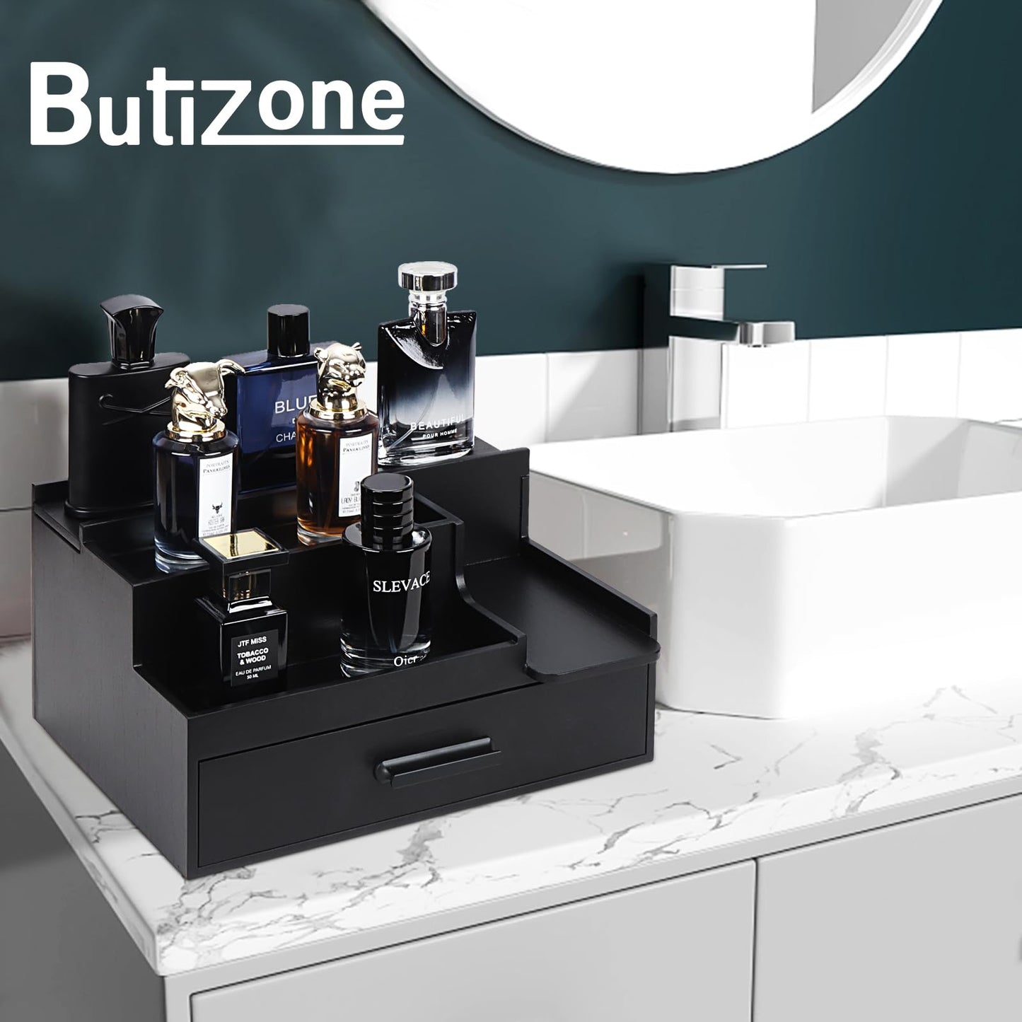 Butizone Cologne Organizer for Men, 3 Tier Perfume Stand Holder with Drawer and Hidden Compartment, Cologne Display Shelf for Dresser, Great Gift for Man/Father, Black