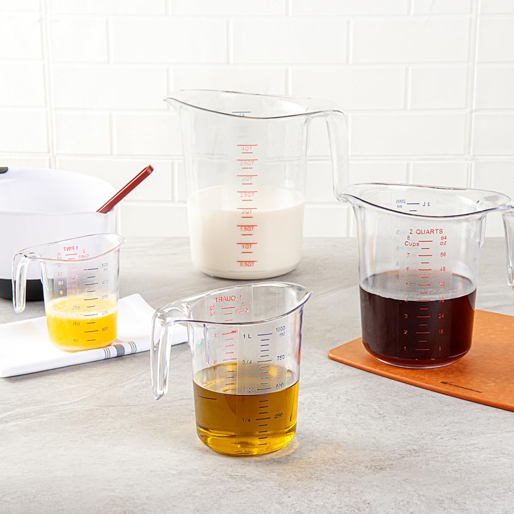 Restaurantware-Chef 101 1 Quart Measuring Jars, 10 Durable Measuring Beakers - Metric and Imperial Units, V-Shaped Spout, Clear Plastic Cups, Handle with Thumb-Grip, Tolerates Up to 248F