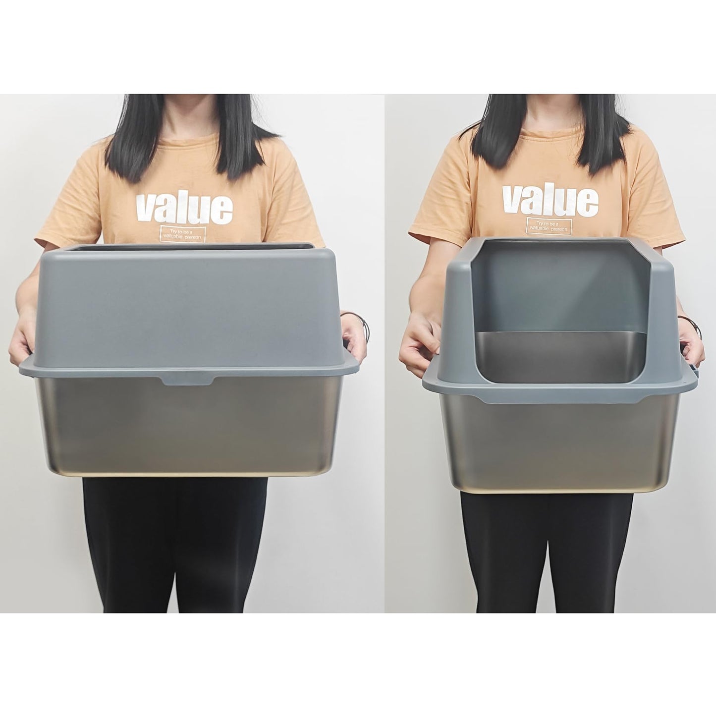 LIHOOOOM Stainless Steel Cat Litter Box,High Sided Enclosed Cat Litter Box Anti-Leakage,Non-Stick Litter Box with Lid,17.5" L x 13.5" W x 12" H(Grey)