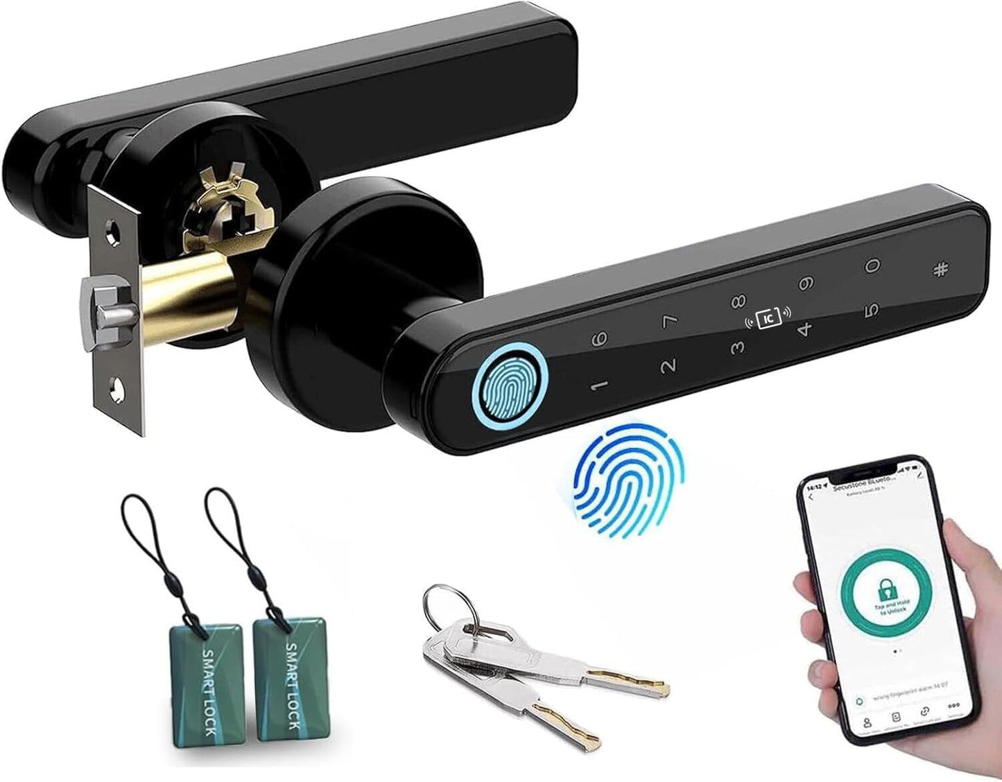 Smart Lock - Smart Door Lock 5 in 1, Keyless Entry Door Knob with APP/IC Card/Digital Code/Backup Keys/Fingerprint, Electronic Keypad Lock Remote APP Control, Reversible Handle