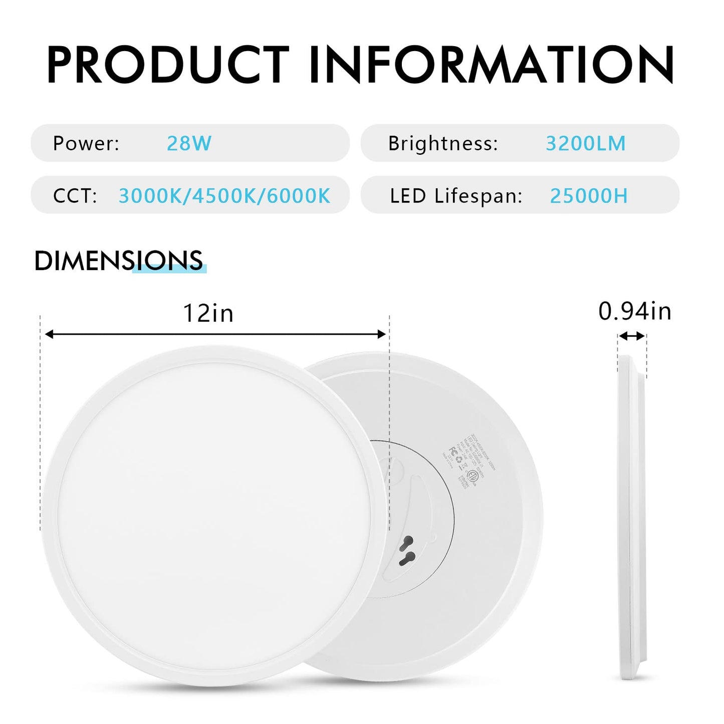 28W 3CCT Flush Mount LED Ceiling Light Fixtures Dimmable 12Inch, 3200LM Bright LED Ceiling Lights, 3000K/4500K/6000K, Low Profile Slim White Lamps for Bathroom Bedroom Kitchen Hallway, 2 Packs