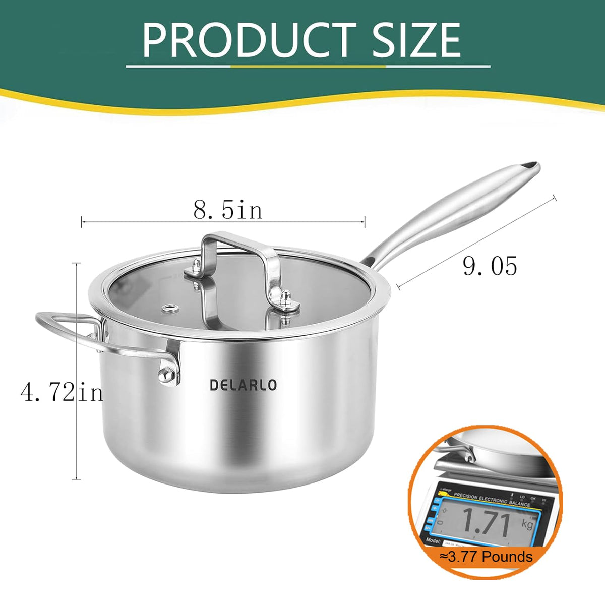 DELARLO Tri-Ply Stainless Steel Saucepan, 3.5 QT Saucepan with Lid, All Stove Compatible 500℉, Induction Sauce Pot, Heavy Duty Saucier Pot, Dishwasher Safe Saucepan, Induction Pot 3.5 Quart, Even Heat