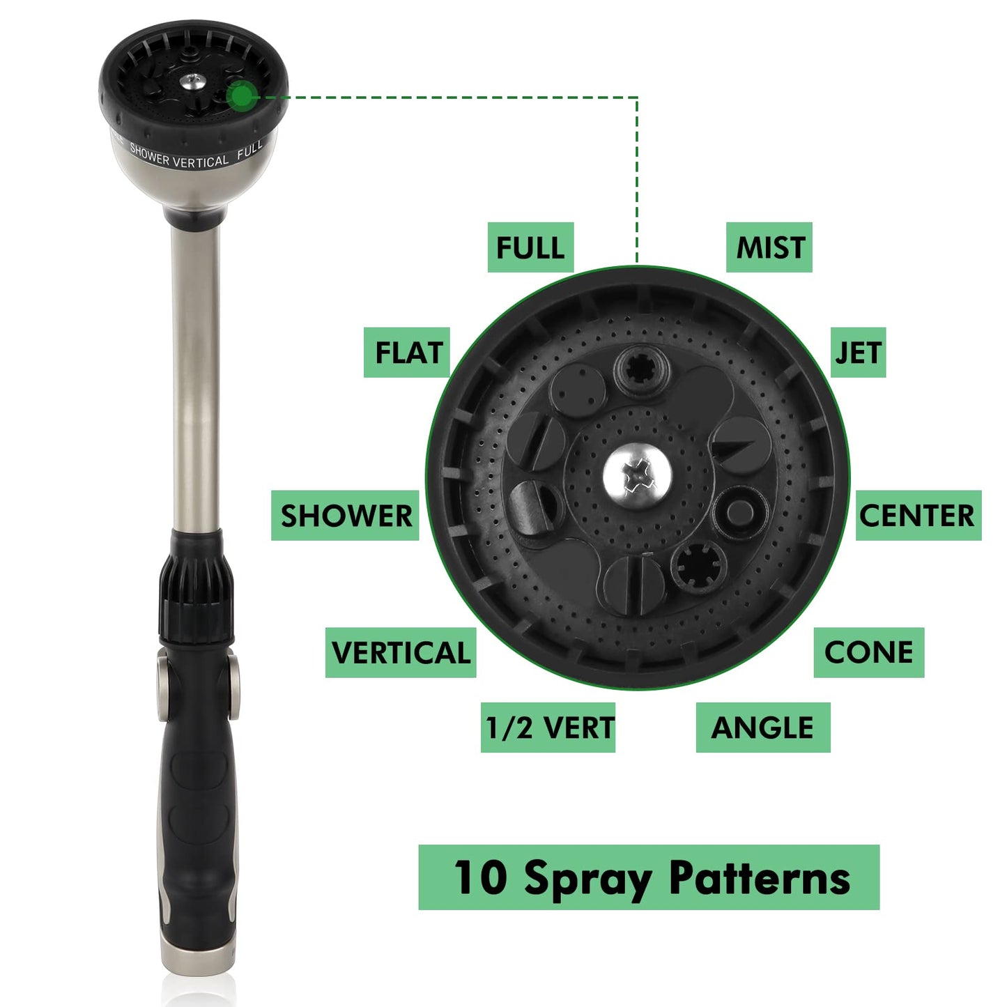 RESTMO Metal Garden Hose Wand with Thumb Flow Control, Watering Wand Heavy Duty, 15-Inch Long Hose Nozzle Sprayer with 10 Spray Patterns, Ideal to Water Hanging Baskets and Shrubs, Black