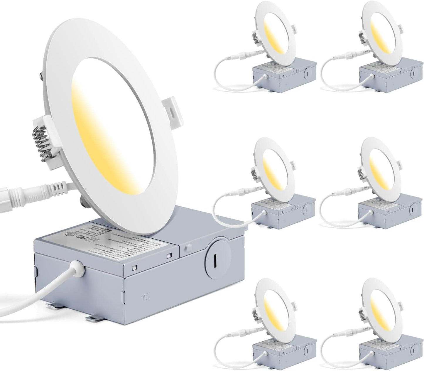 GCN LIGHT 4 Inch Wet Location Dimmable LED Recessed Pot Light 3CCT Ideal for Bathrooms Kitchens Balconies and Under Eaves, 9W 750LM IC Rated LED Slim Panel Downlight with Junction Box, 6 Pack