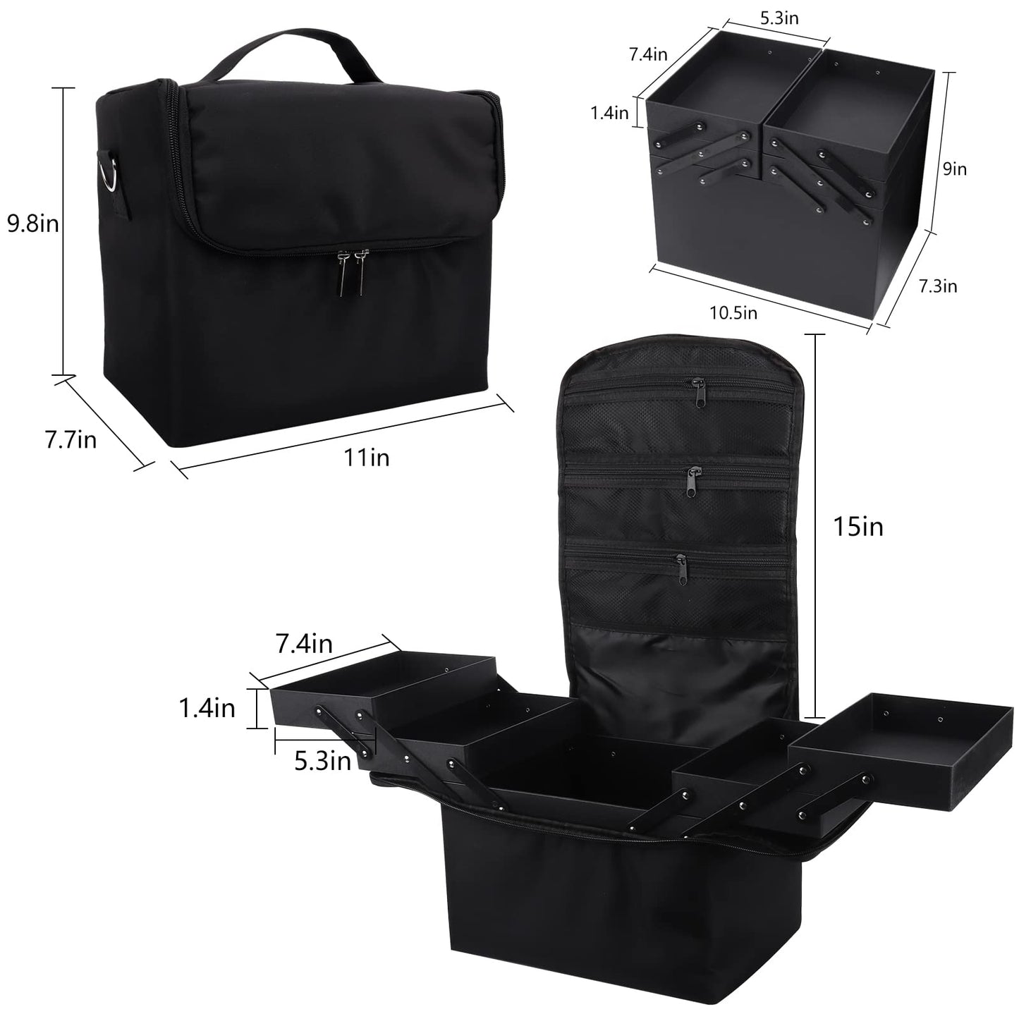 Large Makeup Carrying Train Case for Women,Black Travel Makeup Organizer Bag Storage Box,4 Tier Professional Nail Organizer Case with Adjustable Dividers for Nail Tools Jewelry MakeUp Brushes Toiletry