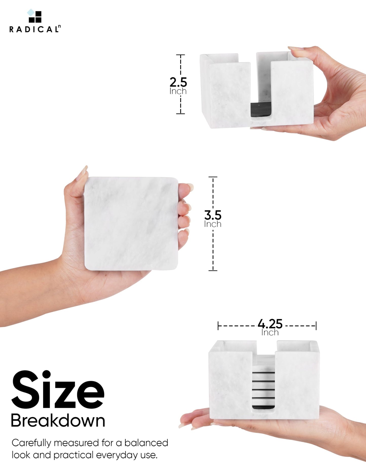 Marble Coasters Set of 6 White 3.5 Inch Square Coaster for Drinks with Holder, Drink Coaster for Tabletop & Coffee Table Decor, Ideal Home Decor House Warming Gifts