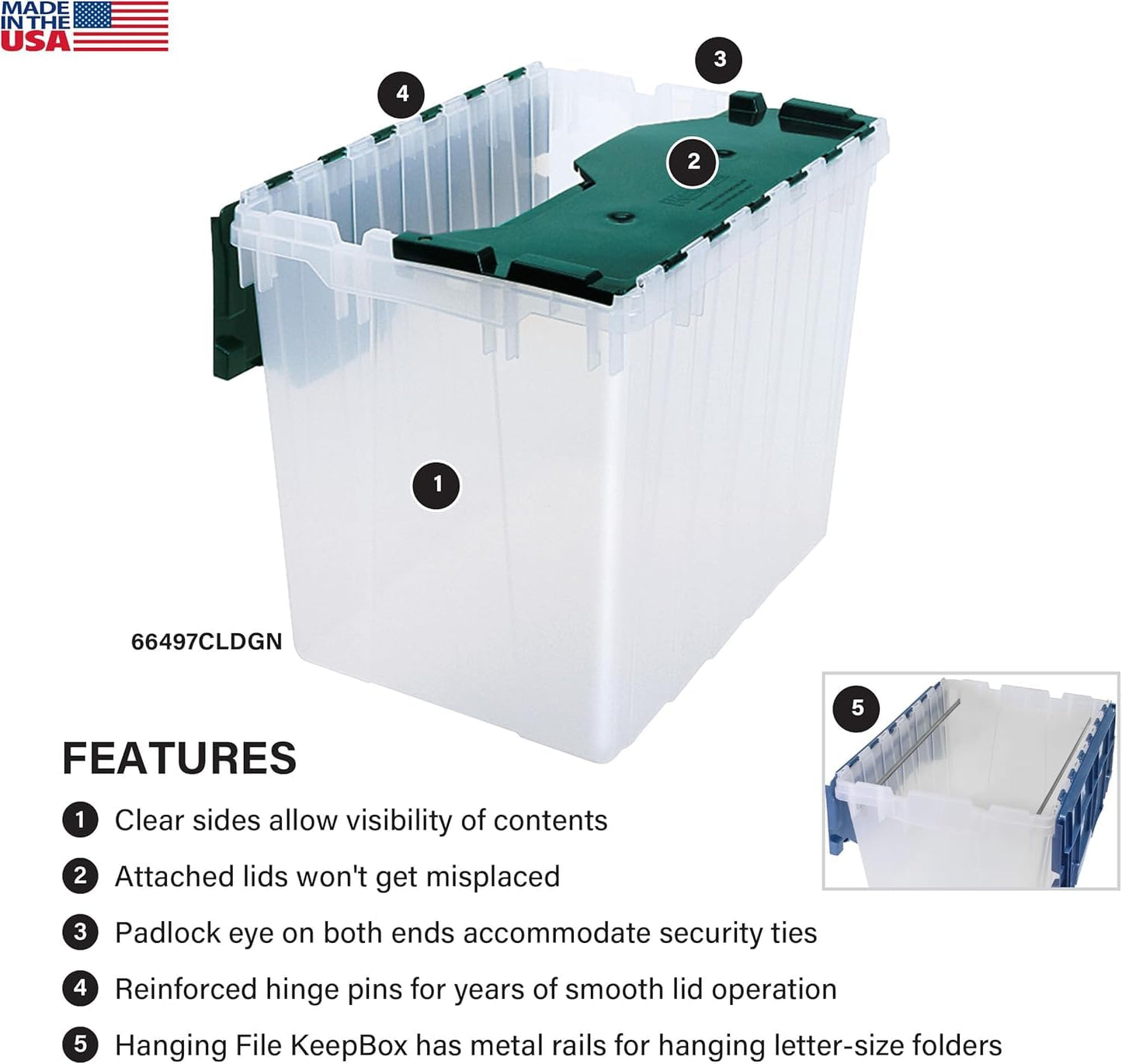 Akro-Mils 66497 18 Gallon Plastic Stackable Storage KeepBox Tote Container with Hinged Attached Lid, 21-Inch L x 15-Inch W x 17-Inch H, Clear/Green
