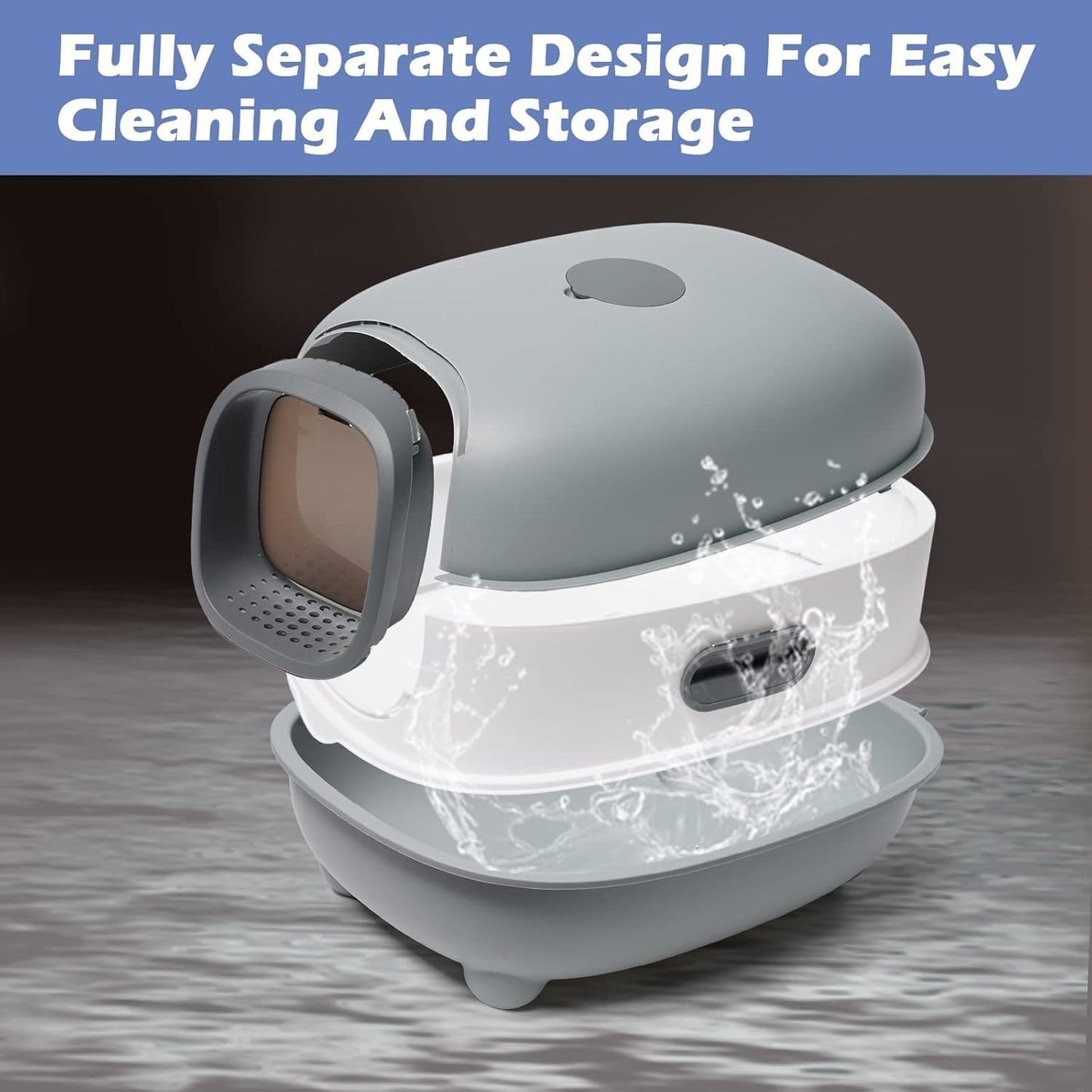 Ultra Large Fully Enclosed Cat Litter Box,Self Cleaning Cat Litter Tray for Cats with Automatic Anti-Sand Cage,Easy to Clean,Deodorize,Splash Proof Litter Box with Lid,55x38x36cm (Grey)