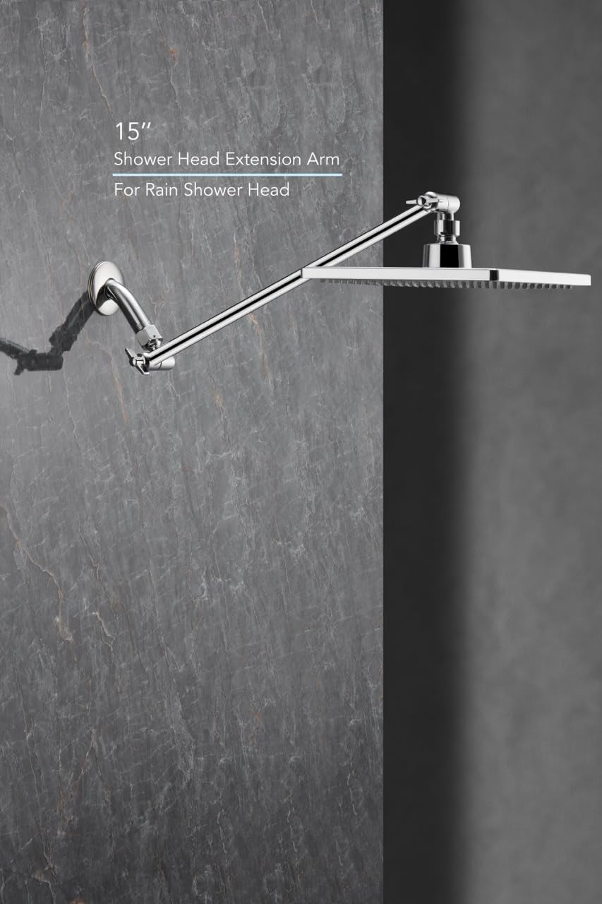 Rain Shower Head, 8'' High Pressure Rainfall Square Showerhead with 15'' Shower Head Extension Arm, 304 Stainless Steel Adjustable Shower Arm Extender, Rainfall Waterfall Fixed Showerheads, Chrome