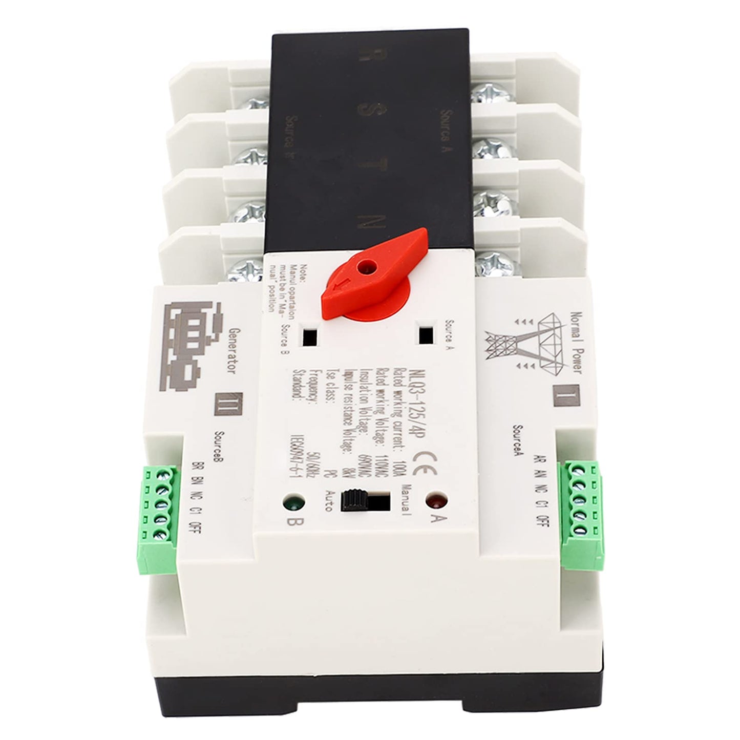 Gugxiom Dual Power Automatic Transfer Switch, 100A AC110V Automatic Transfer Switch Generator Transfer Switch, 4P Rail Mounted Generator Changeover Switch Power Transfer Switch