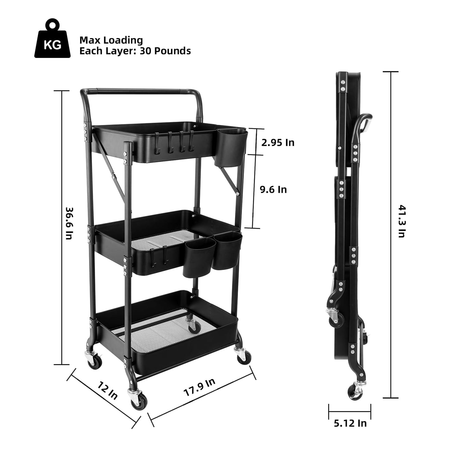 Amatic 3-Tier Folding Rolling Utility Cart with Wheels, Foldable Storage Cart Organizer with 3 Hanging Cups & 6 Hooks for Kitchen, Office, Living Room, Nursery(Black)