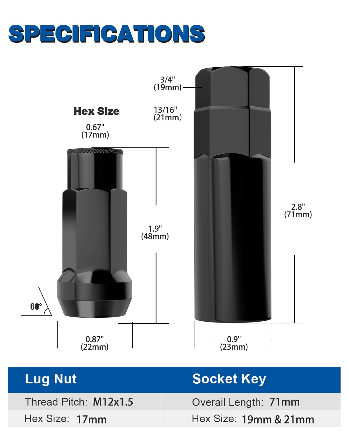 GAsupply 12x1.5 Extended Open End Lug Nuts Black, 1.9" 48mm Tall, 17mm Hex, Conical Seat 60 Degree, 20 Pack+1 Lug Nut Lock Key Socket
