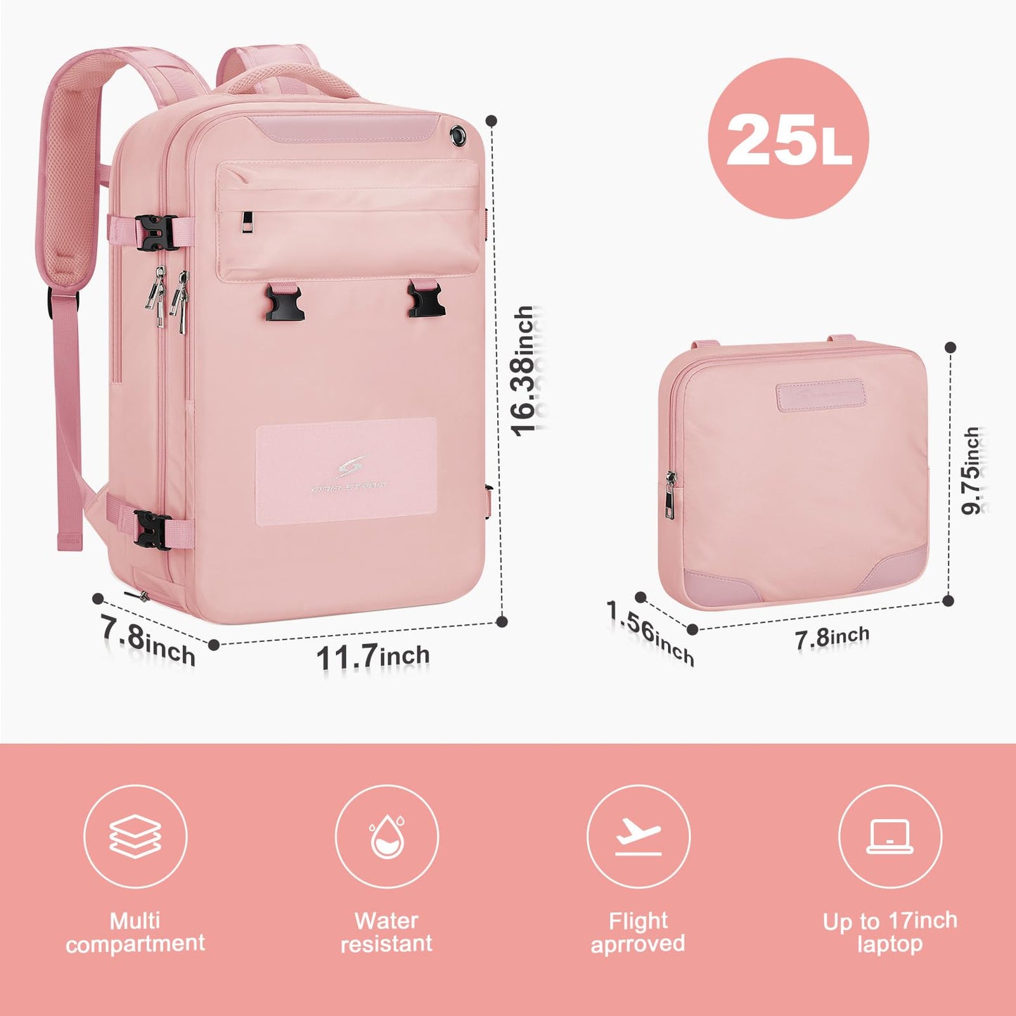 Maelstrom Travel Backpack for Women Men, 25/35L Laptop, Carry On Backpack with Crossbody, Shoe & Toiletry Bag (pink, 15.6inch)