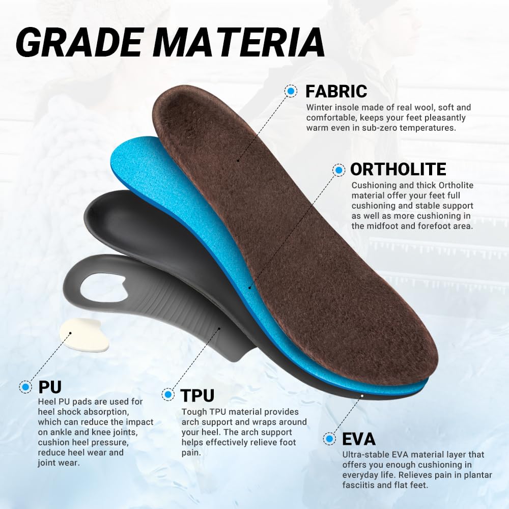 VALSOLE winter thermal wool insoles,Heavy Duty Support Pain Relief Orthotics Plantar Fasciitis High Arch Support Insoles,for Men Women Work Boot Shoe Insole warm insoles (MEN 10-10 1/2 | WOMEN 12-12 1/2--(286mm), Brown)