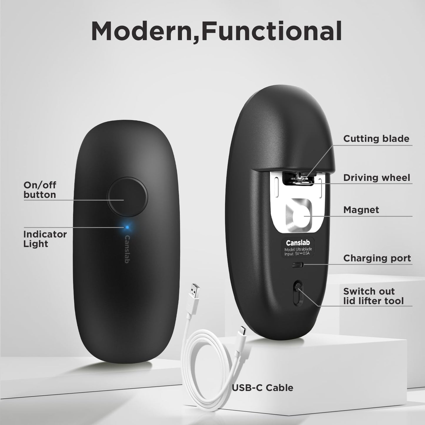 Canslab Ultrablade PRO- Auto Stop Rechargeable Electric Can Opener for Seniors with Arthritis- Battery Automatic Can Opener for Any Size Can - Smooth Edge, Food Safe, Easy Handsfree One Touch, Black