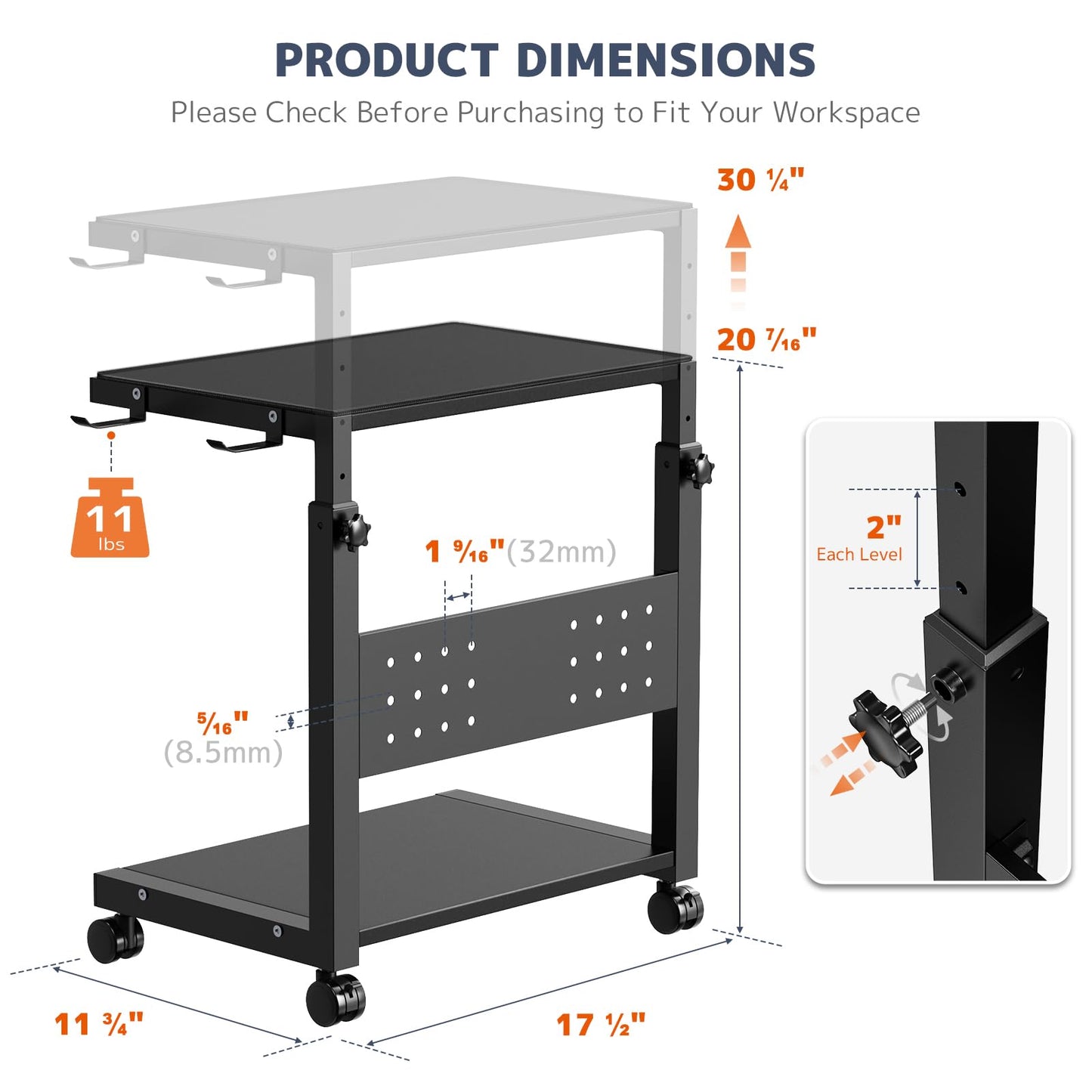 PUTORSEN Computer Tower Stand Cart - 2-Tier CPU Cart with 4 Casters, Rolling Holder with Pegboard & 2 Hooks, Height Adjustable from 20 7/16" to 30 1/4", for Office Home Gaming