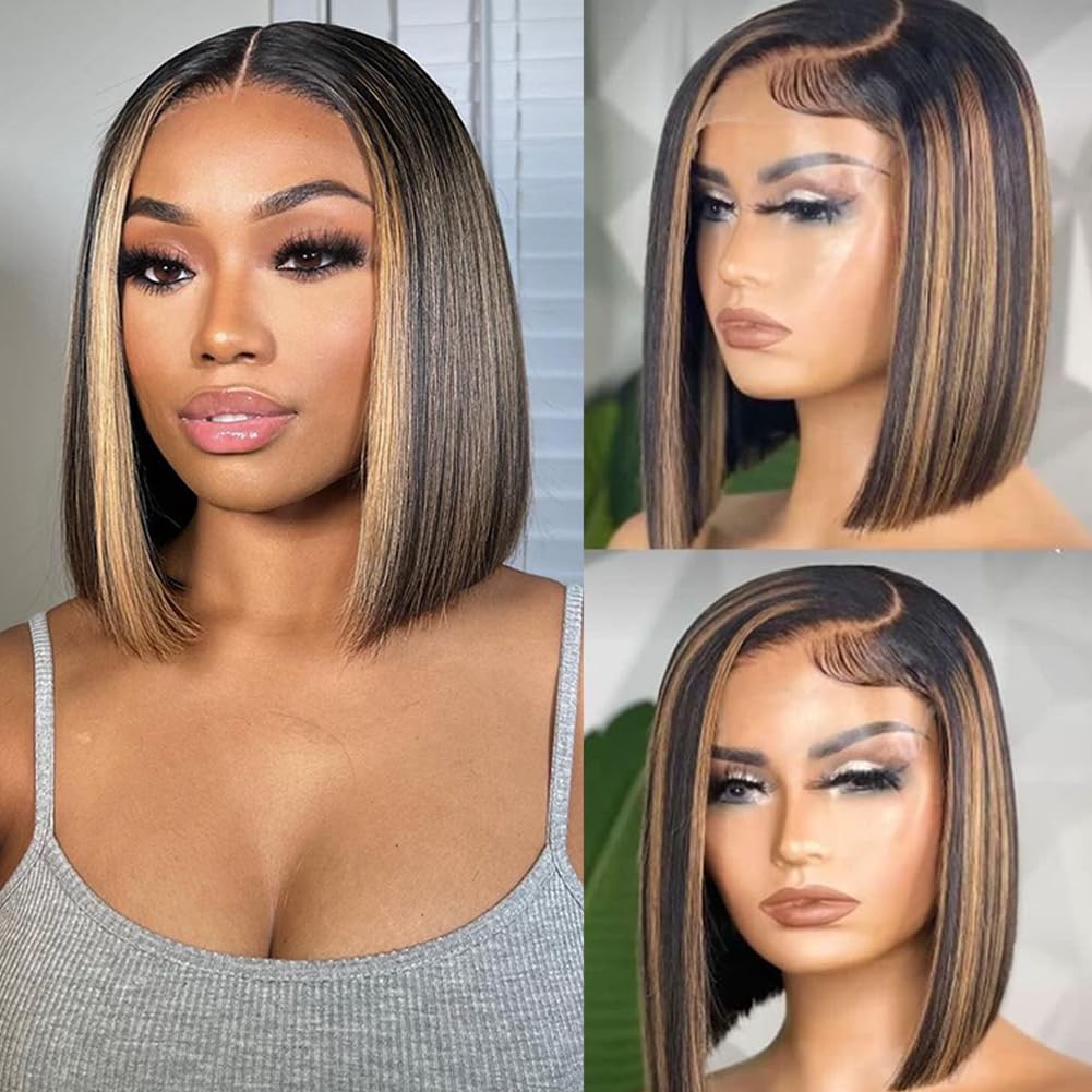 Ombre 13x4 Lace Front Wigs Human Hair Bob Wigs for Women Human Hair Straight Highlight Glueless Bob Wigs Human Hair Pre Plucked with Baby Hair 12 Inch Perruque Femme Humain Naturel 4/27#