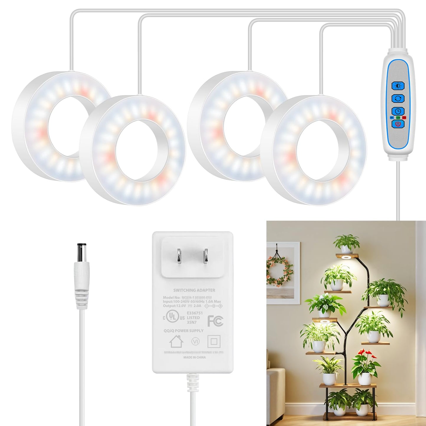 Kullsinss Grow Lights for Indoor Plants, 192 LEDs Full Spectrum Plant Lights for Indoor Growing with 6/12/16H Timer, Cable Clips for Tidy Setup, 3.54" Grow Lamp for Small Plants (4-Head)
