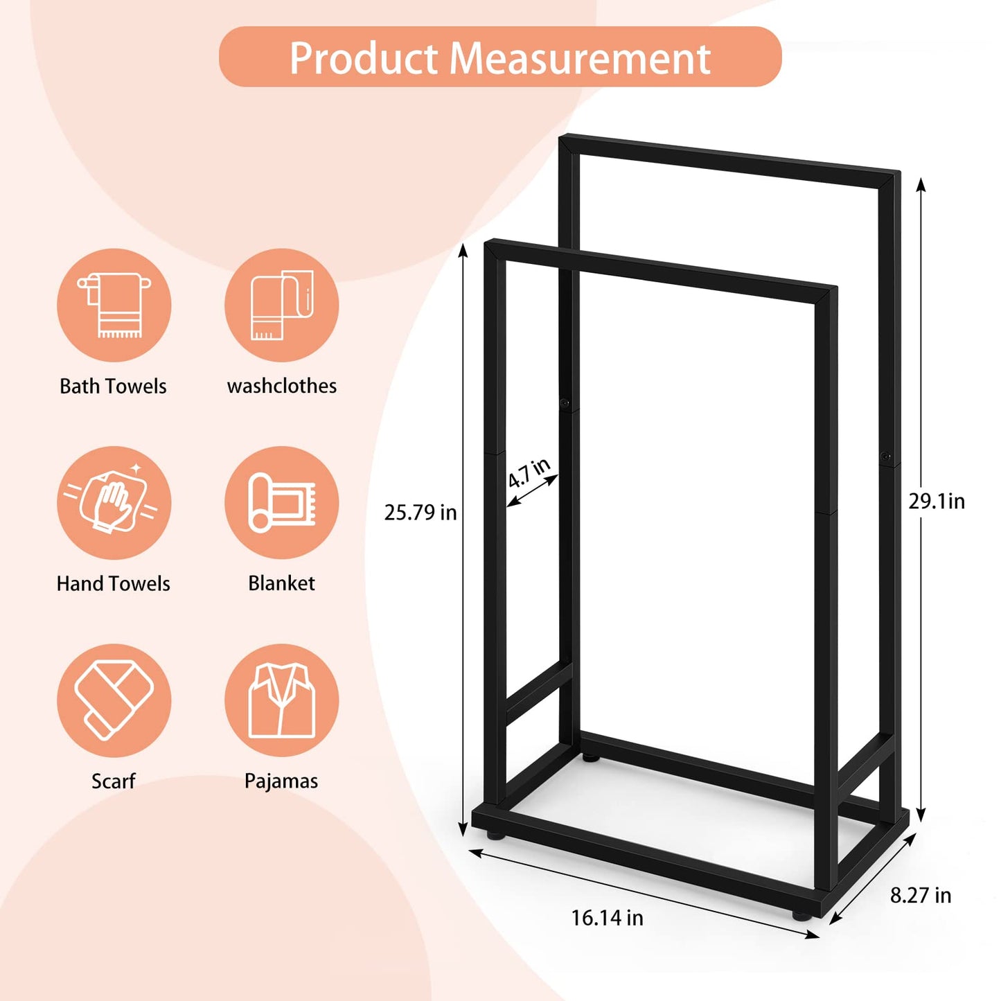 Free Standing Towel Rack 2 Tier Towel Holder Stand Hand Towel Drying Rack Black Towel Blanket Racks for Bathroom Laundry Room Bedroom Pool (Matte Black)