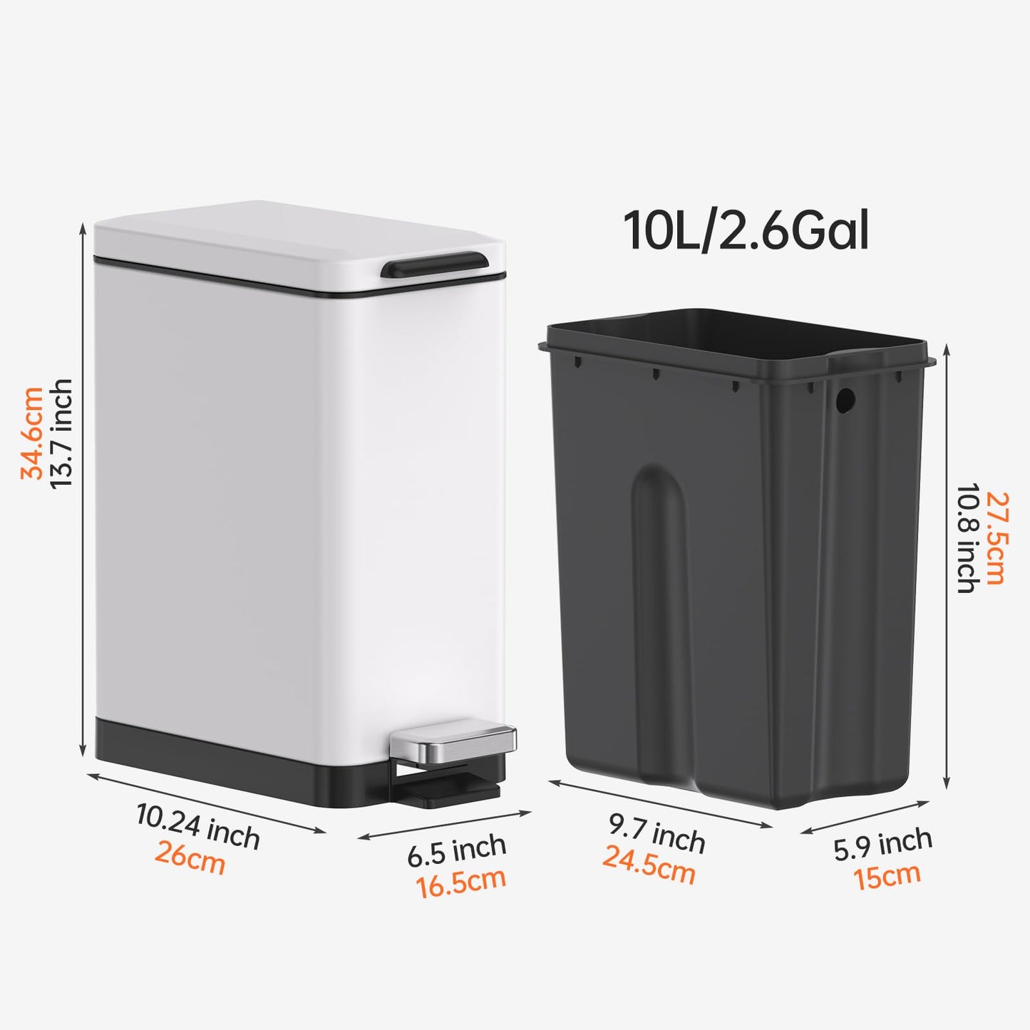 Mbillion Step Trash Can 10 Liter 2.6 Gallon Slim Design Step-On Trash Can with Strong Pedal, Stainless Steel Rectangular Garbage Can, White (MB 8877)