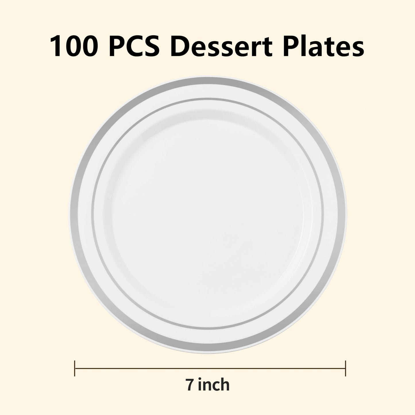 BESTSTAR 7 Inch White Plastic Plates,100PCS Disposable Dessert/Appetizer/Small Cake Plates with Silver Rim,Heavy Duty Plate Ideal for Wedding and Birthday