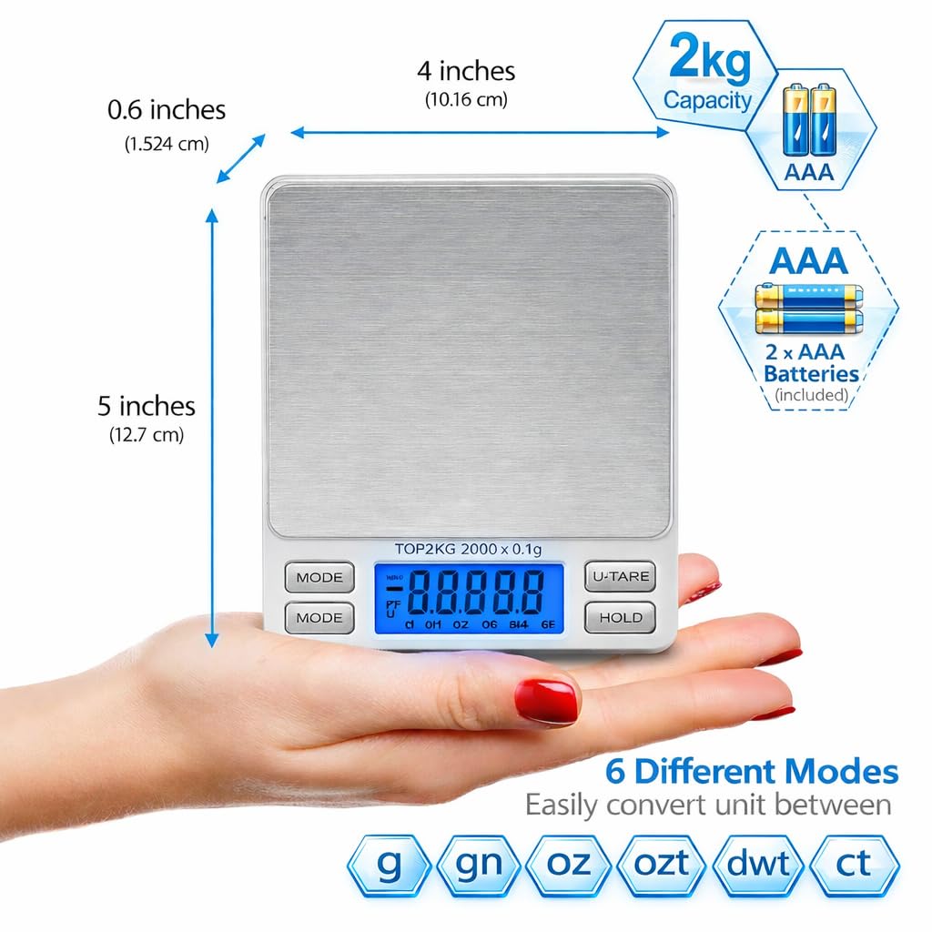 Smart Weigh Digital Pro Pocket Scale with Back-Lit LCD Display, Tare, Hold and PCS Features, 2000 x 0.1g