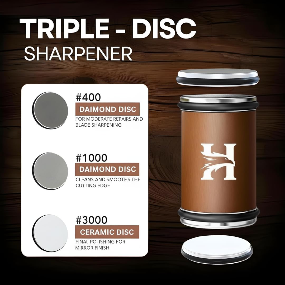 5 Angles Stainless Steel Rolling Knife Sharpener with 400, 1000 & 3000 Replacement Discs - Blunt Knife Sharpening Kit with 12°, 15°, 17°, 19° and 22° Sharpening for Kitchen & Chef's Knives