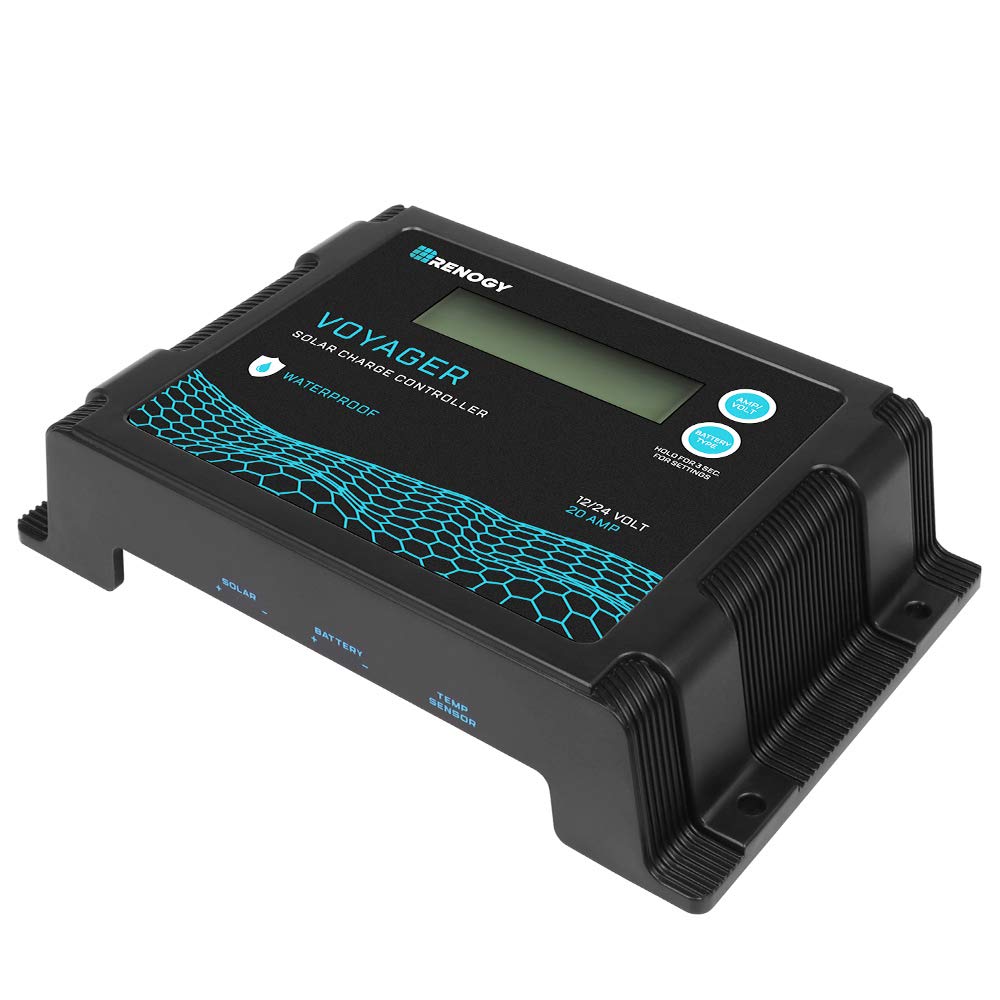 Renogy Voyager 20A 12V/24V PWM Waterproof Solar Charge Controller w/LCD Display for AGM, Gel, Flooded and Lithium Battery, Used in RVs, Trailers, Boats, Yachts, Voyager 20A