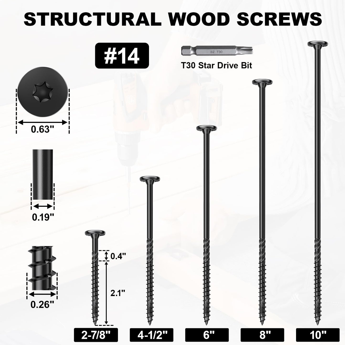 FMhotu 4-1/2 Inch Heavy-Duty Outdoor Deck Screws, 50Pcs Star Drive Decking Wood Screws, Rust Resistant Timber Screws for Timber/Log/Landscaping Wood (#14 x 4-1/2" Black）