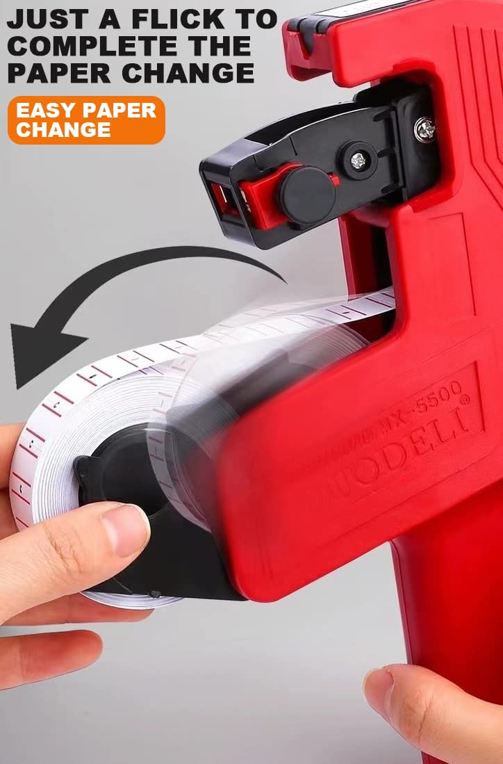 MX5500 Price Labeller - Price Label Gun with 8 Digits, Includes 10 Rolls of Paper and 3 Ink Wheels - Aluminum Alloy with Sticker Labels & Ink Refill for Office, Retail Shop, Grocery Store (Red)