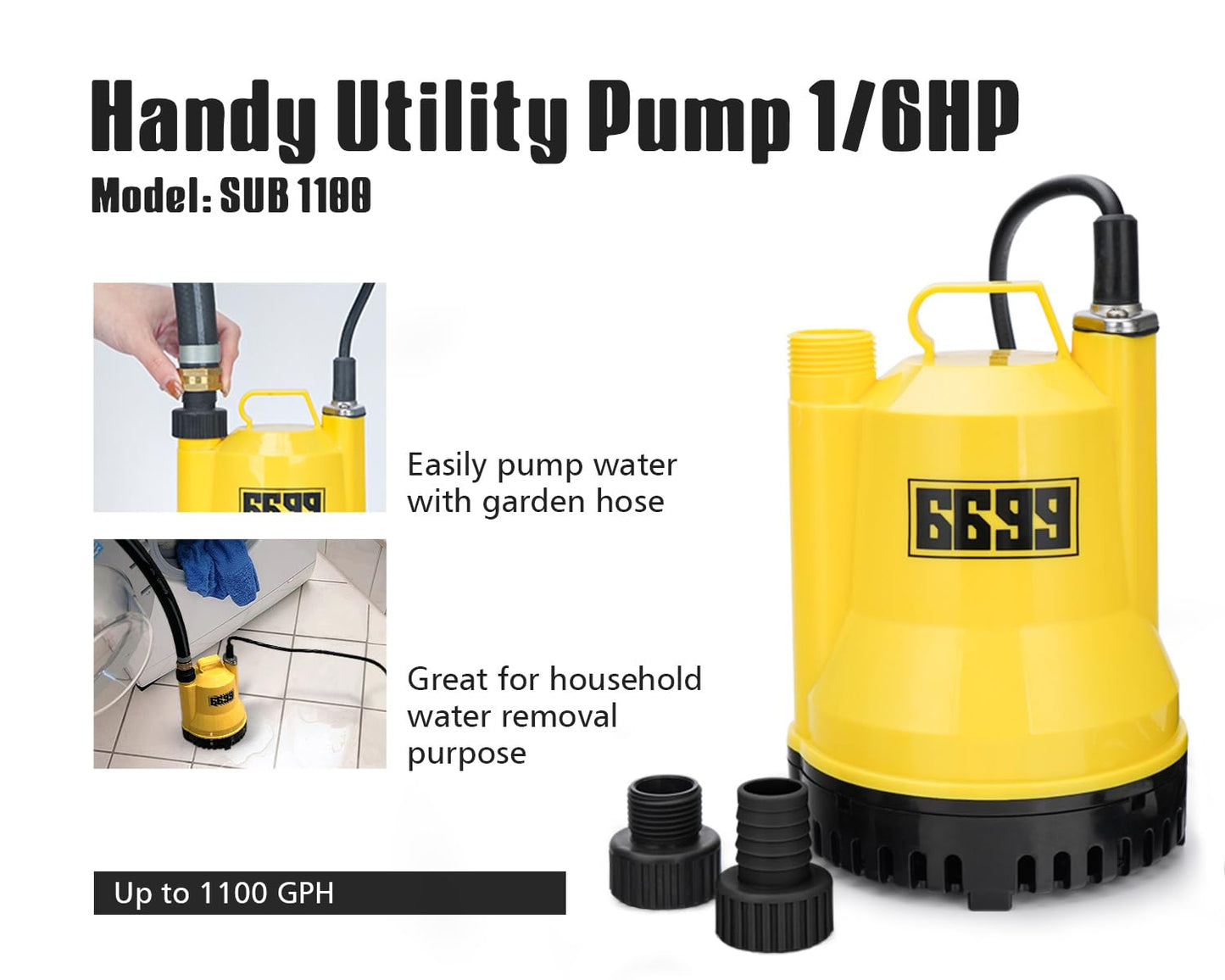 6699 1/6HP Portable Utility Pump Submersible Small Backup Sump Pump Draining to Remove Water from Flooding House Basement Pool Tankless Heater Flushing Pump with 10-Foot Cord SUB 1100