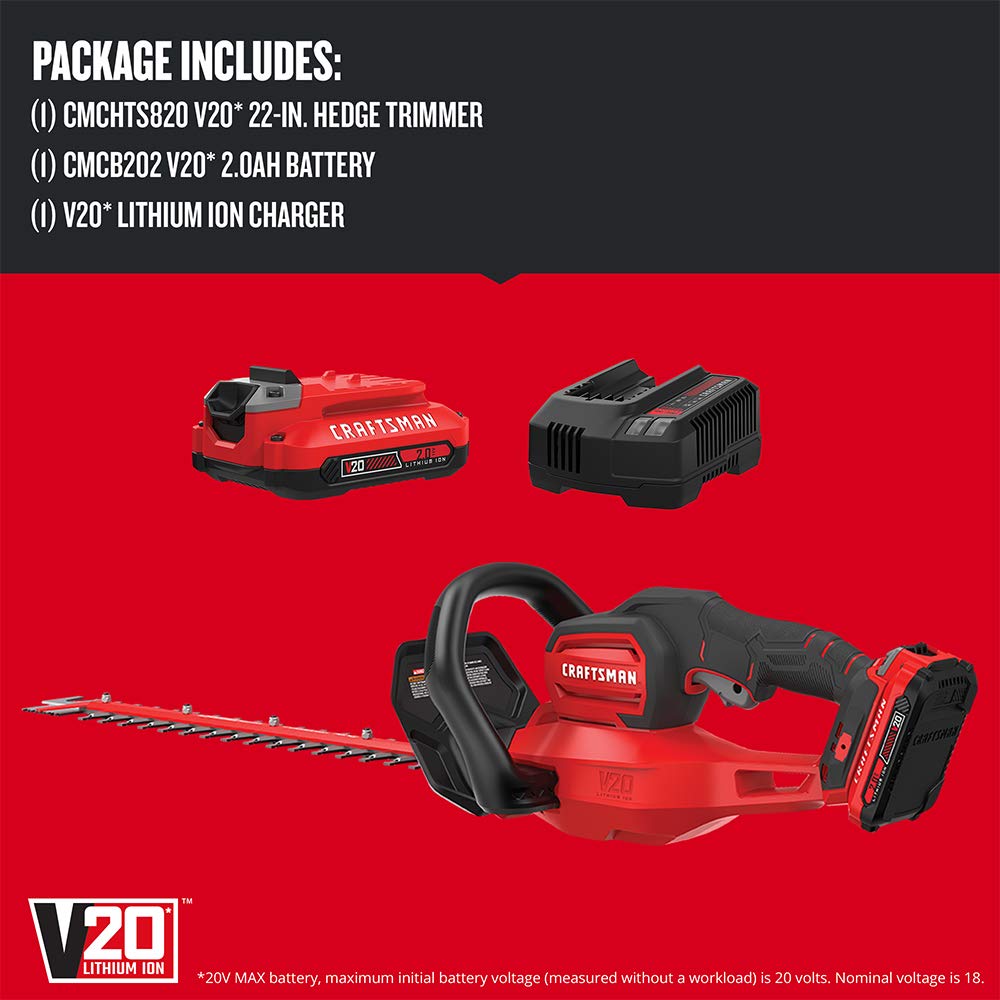 CRAFTSMAN® V20* Cordless 22 in. Hedge Trimmer Kit, 2.0Ah, with Branch Cutting Saw, Battery and Charger Included (CMCHTS820D1)
