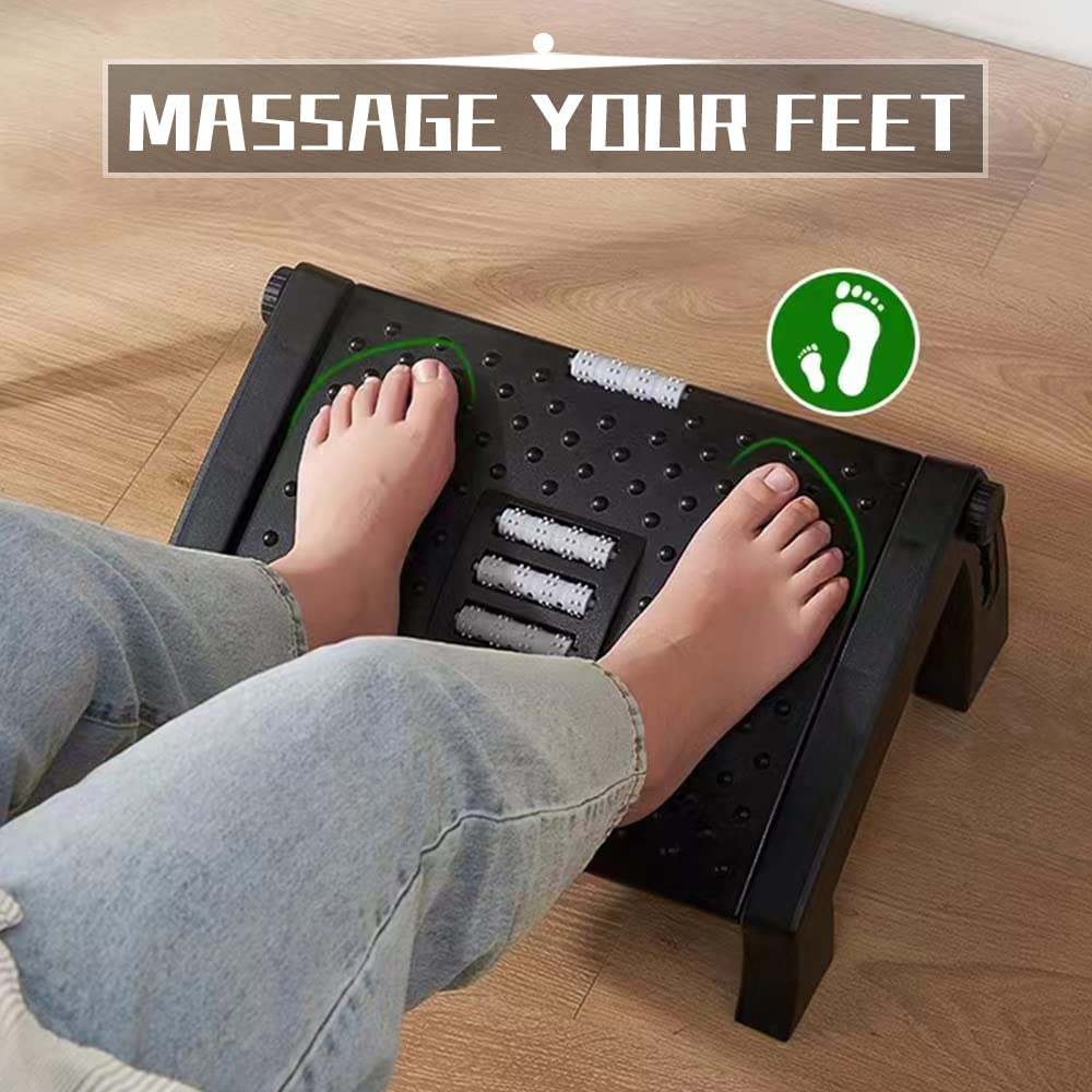 RYVAR Adjustable Footrest Under Desk, Ergonomic Office Foot Rest with Massage Rollers and 6 Height Position, Anti Slip and Washable, Desk Accessories Foot Stool for Office and Home
