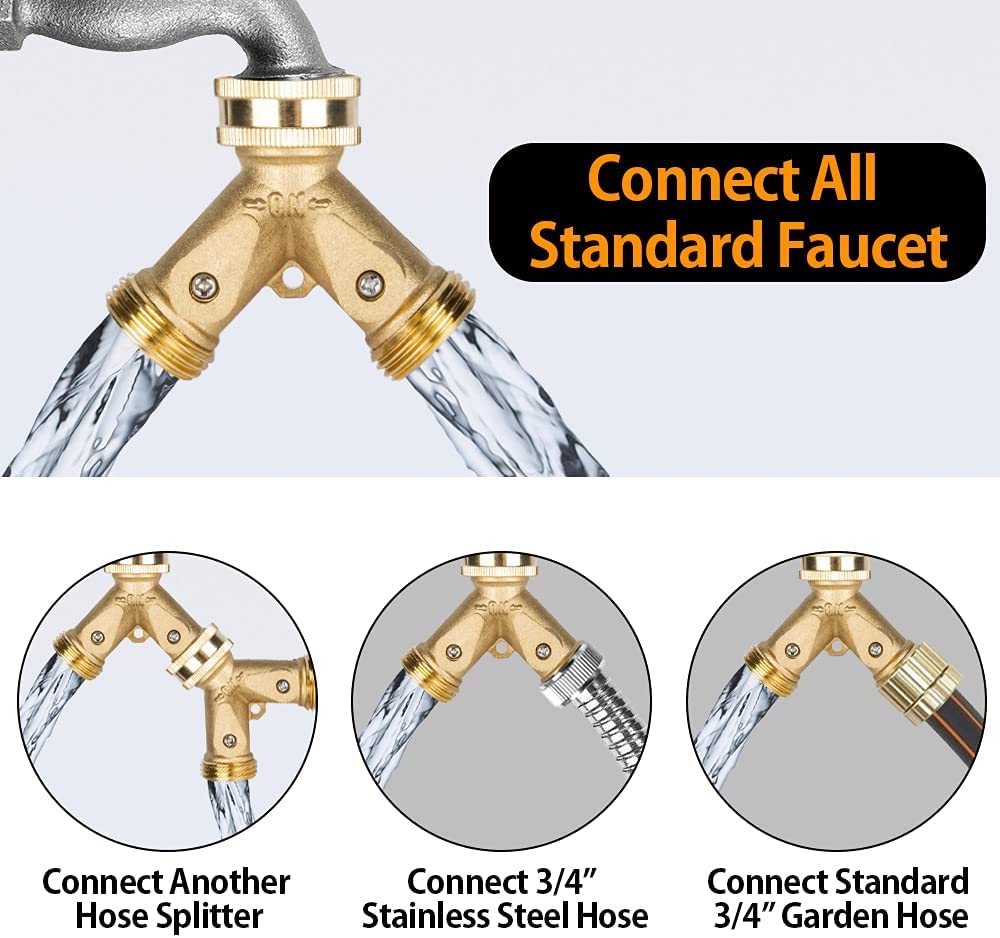 Fohil 2 Way Y Garden Hose Connector,Heavy Duty Brass Tap Hose Splitter for Lawn and Garden, Hose Spigot Outlet Adapter with 2 Valves Plus 4 Extra Rubber Washers 4 Pack