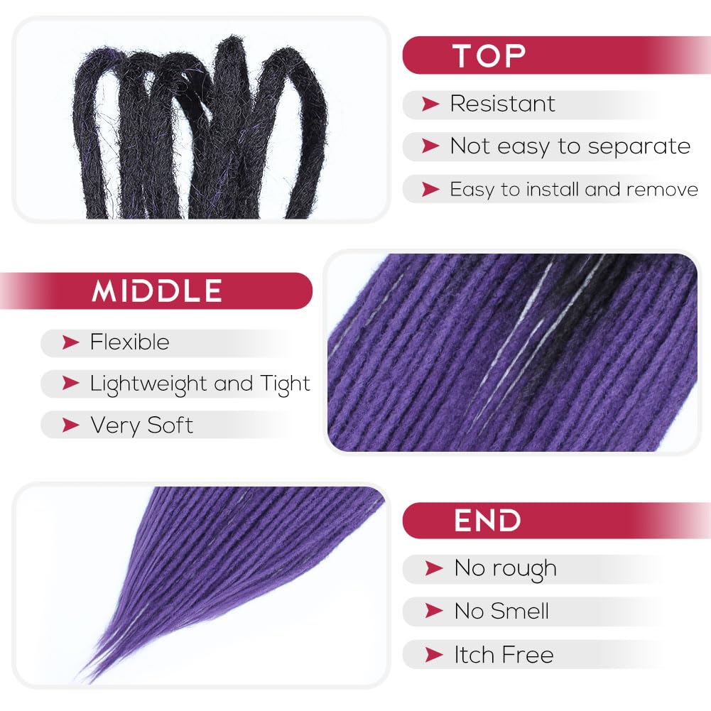 24" Double Ended Dreadlock Extensions,Natural Black To Deep Purple,100% Handmade Thin 0.6cm Synthetic Dreads Extensions(24 Inch(20 Strands), 1B/Deep Purple)
