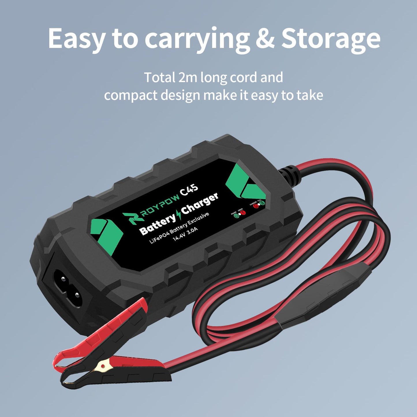 RoyPow 12V LiFePO4 Battery Charger, 14.4V 3Amp Automatic Trickle Battery Charger, 12V Lithium Battery Charger, 3A Battery Maintainer for 12.8V LiFePO4 Battery with Alligator Clamp and Ring Terminal