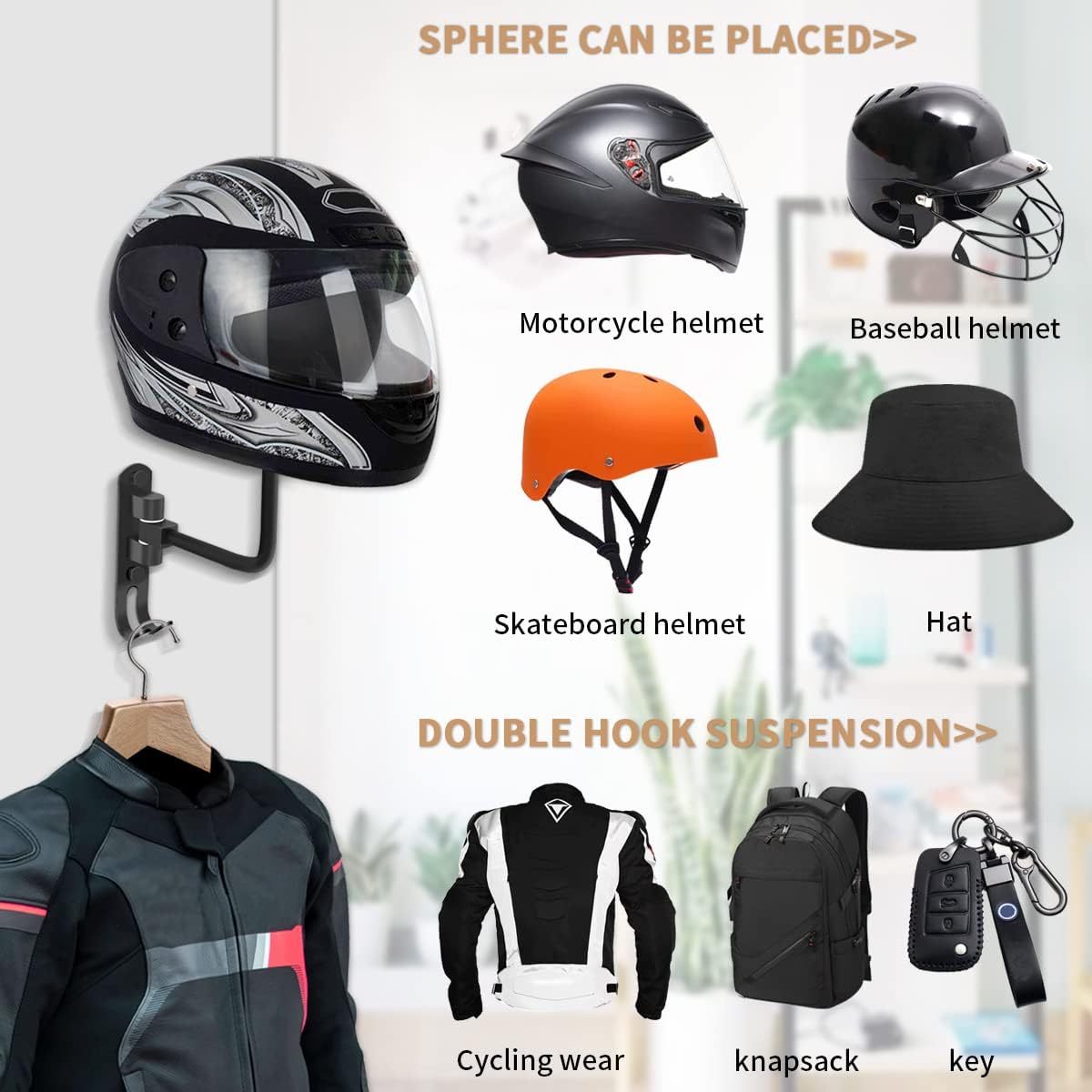 VUAOHIY Helmet Holder 4 Pack, Motorcycle Helmet Rack Helmet Stand Wall Mount 180° Rotation Helmet Hanger with 2 Hook for Caps, Coat, Hats, Motorcycle Accessories