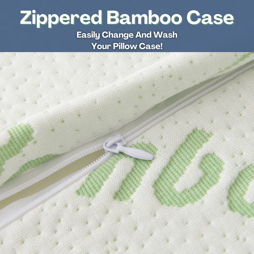 2 Pack Shredded Memory Bamboo Pillows for Sleeping - Ultra Soft, Cool and Breathable Zippered Cover - Relieves Neck Pain, Snoring, Helps Asthma Relief - Back/Stomach/Side