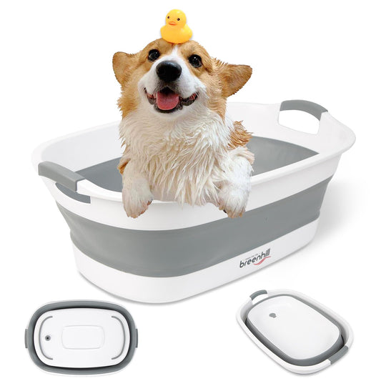 BREENHILL Collapsible Dog Bath Tub for Small Dogs & Cats, Portable Puppy Bath Tub with Water Drain Plug, Space Saving Foldable Pet Bathtub for Indoor & Outdoor Use, Grey
