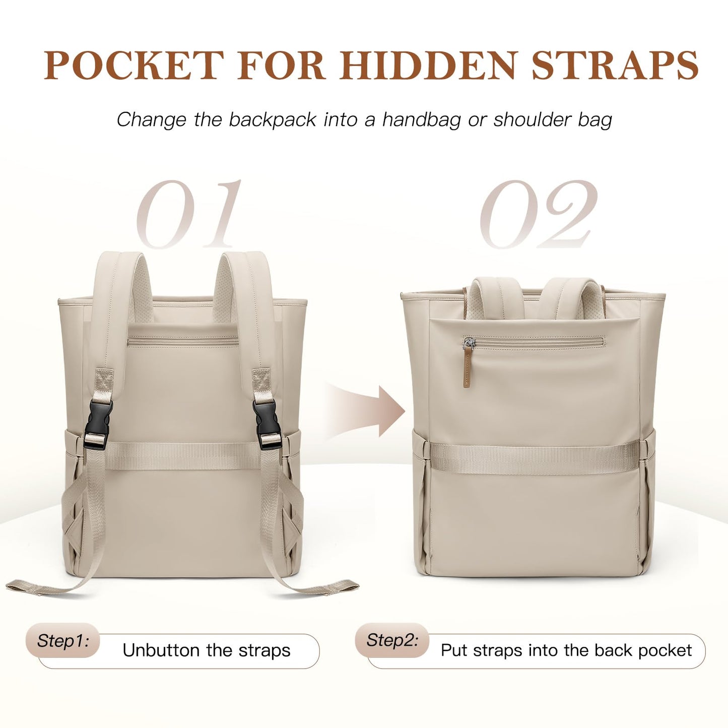 GOLF QUALITY Convertible Laptop Backpack for Women Men Carry on Tote Backpack Teacher Bookbag for College Work Nurse Travel Leisure,16 Inch,Apricot