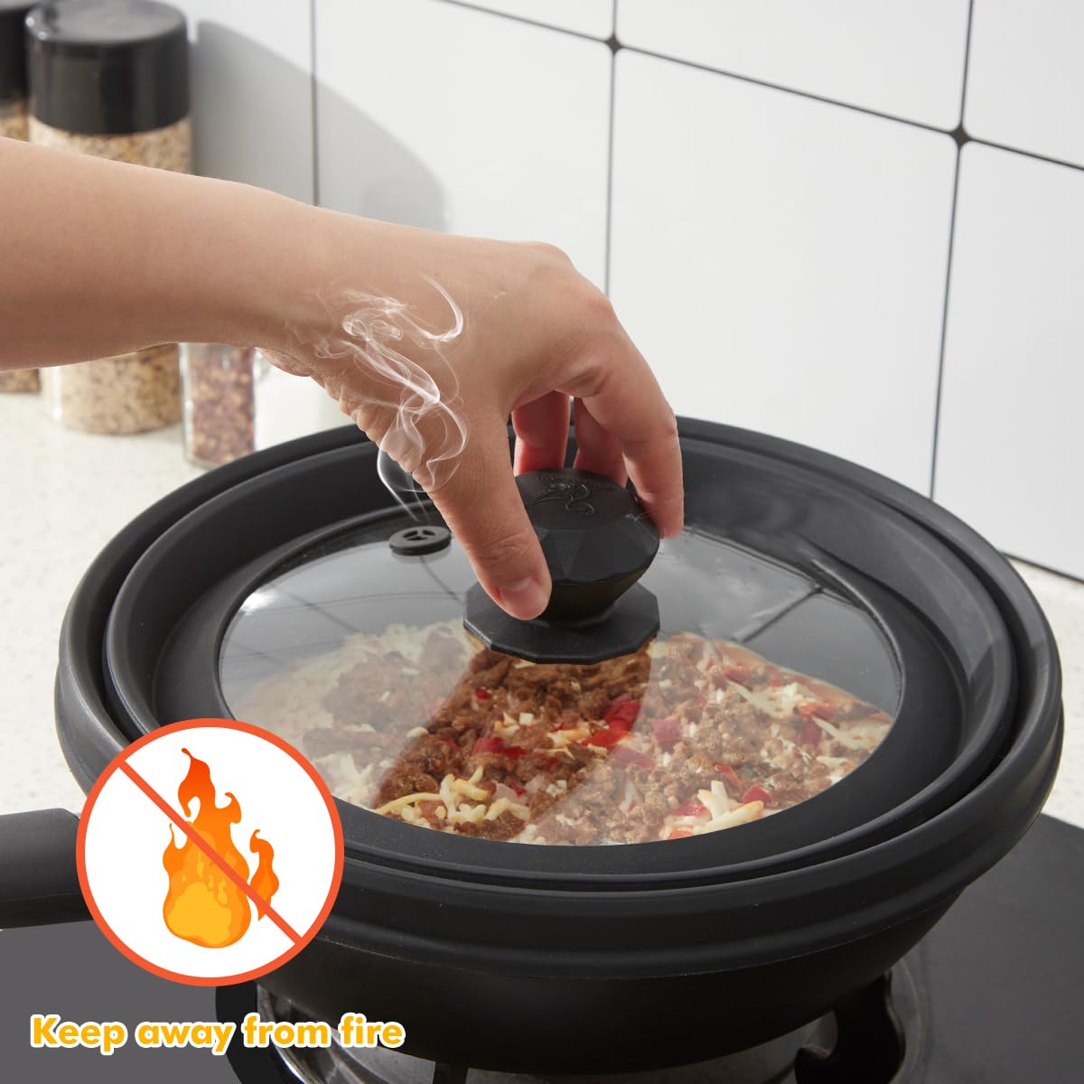Microwave Splatter Cover Vented Glass Cover Splatter Guard Lid with Collapsible Silicone for Food as Pot Cover Plate Cover 10.8 inch for 6 7 8 9 10 inch Plate Bowl Black