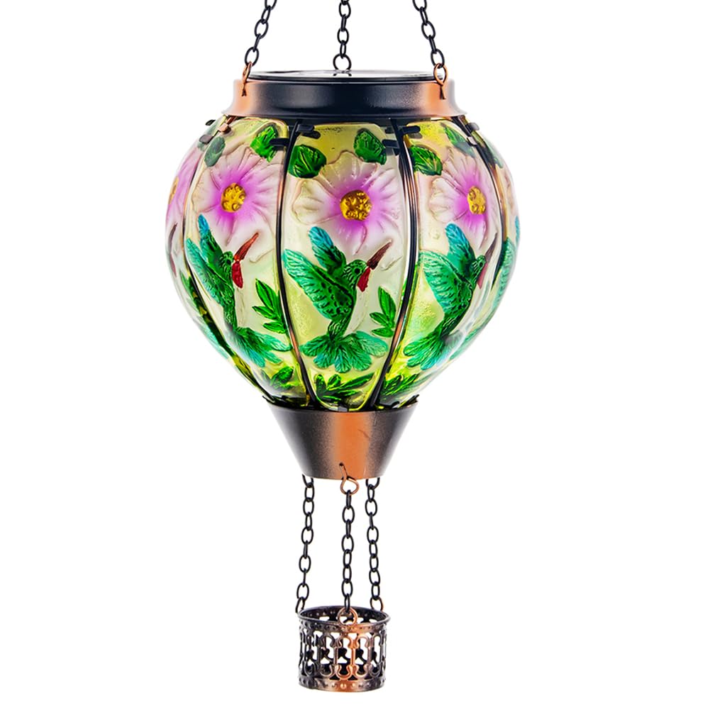DREAMSOUL Hummingbird Hot Air Balloon Solar Lantern, Hanging Solar Hot Air Balloon Lantern with Flame for Patio Yard Gift Decor