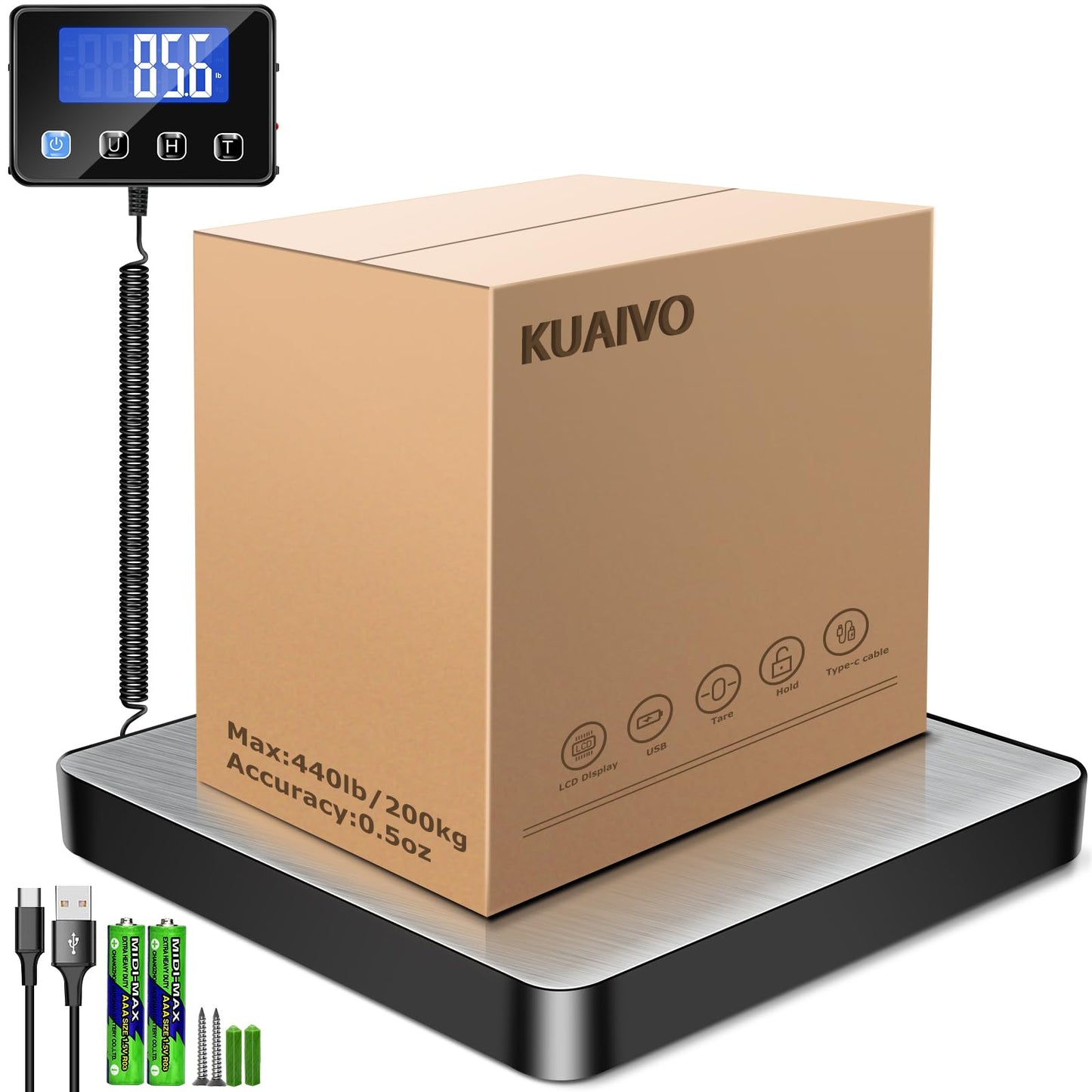 KUAIVO Shipping Scale, 200kg/10g High Accurate Digital Postal Scale with Hold/Tare Function, Shipping Scale for Small Business, Packages, Luggage, Home Use, Battery & Charging Cable Include