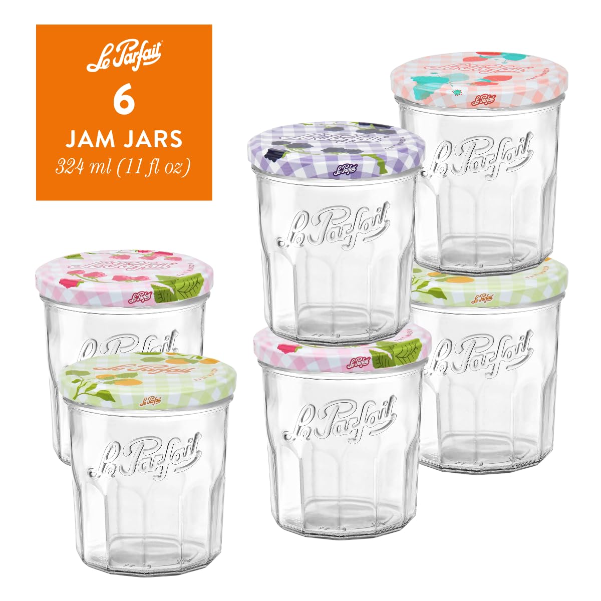 Le Parfait Jam Jars Clear Canning Jars w/Colorful Airtight Metal Lids | Sturdy French Faceted Non-Slip Glass Body | Works for Jam + Jelly Storage, Snacks, Picnic, DIY| 11oz (Pack of 6) 324ml