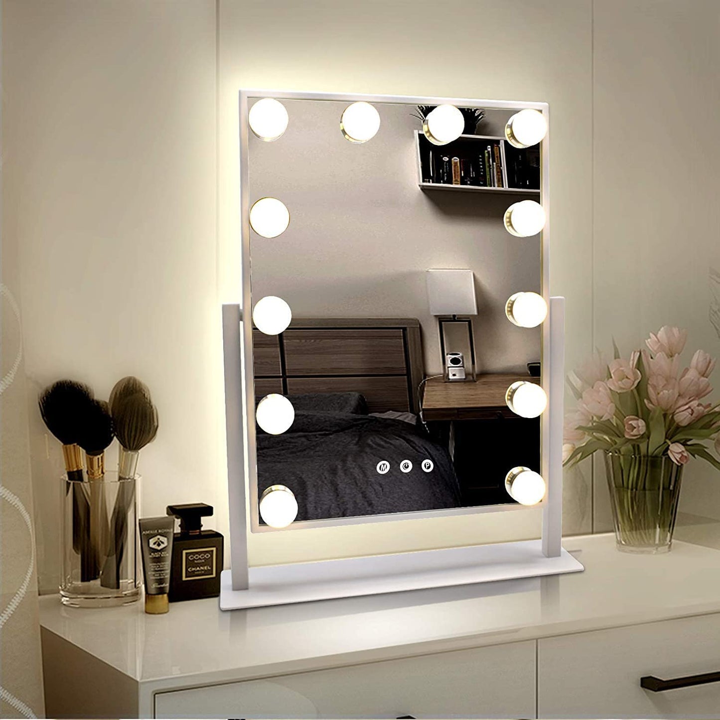 WEILY Hollywood Makeup Mirror with Lights, Large Lighted Vanity Mirror with 3 Color Light & 12 Dimmable Led Bulbs,Smart Lighted Touch Control Screen & 360 Degree Rotation(White)