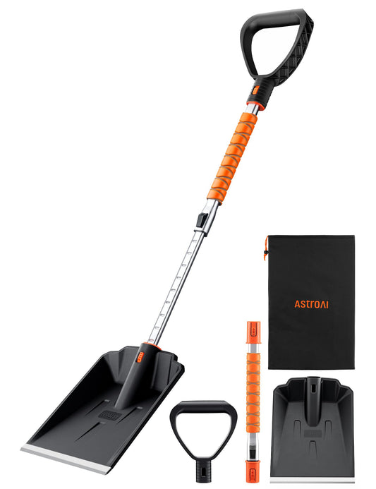 AstroAI Plastic Snow Shovel for Car, Extendable Snow Shovel with Thickened Aluminum Handle and Blade, Portable and Multifunctional for Cars, Snowmobiles, Camping and Mud