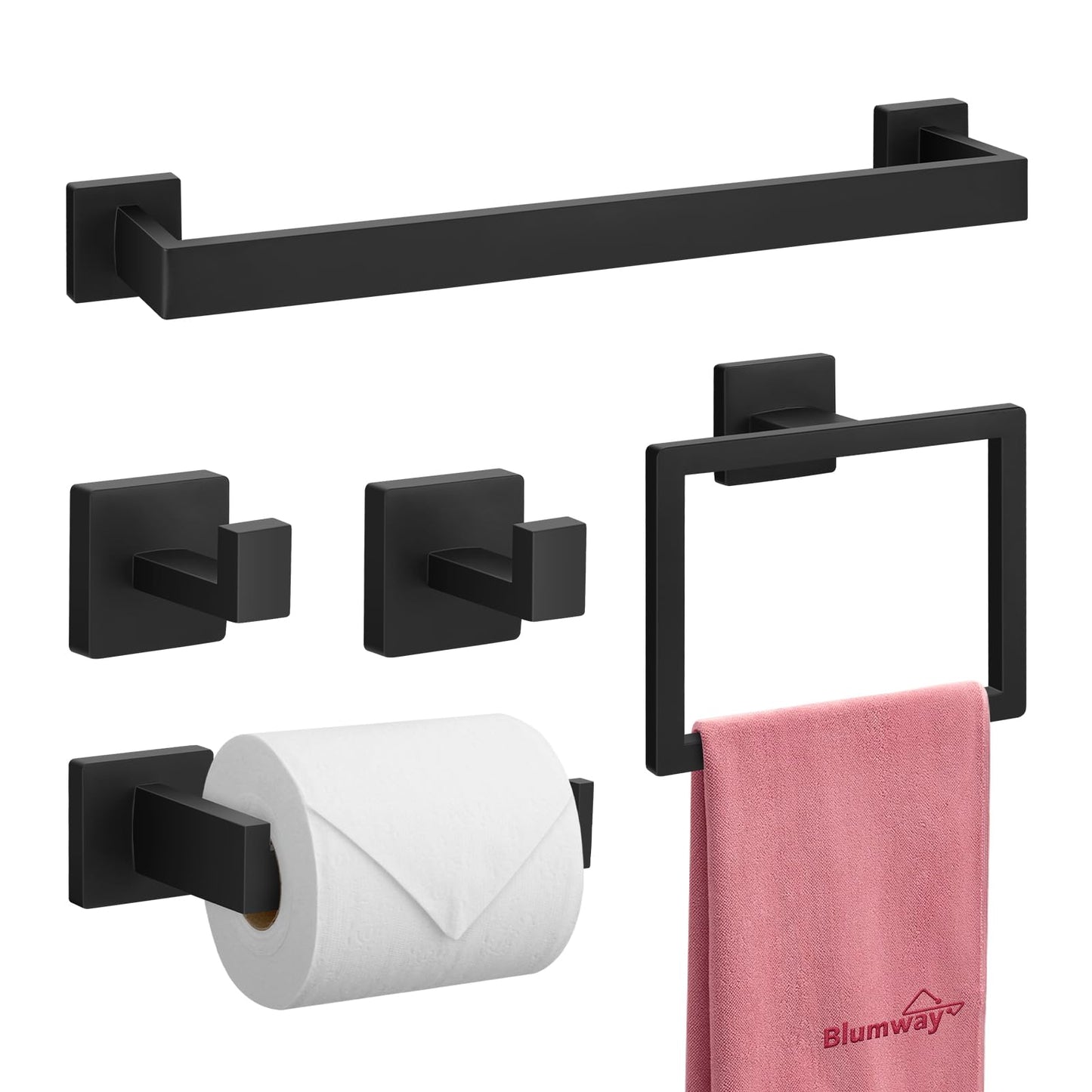 BlumWay 5-Pieces Matte Black Bathroom Accessories Set, 16 Inch Bathroom Hardware Set, SUS304 Stainless Steel Bath Towel Bar, Toilet Paper Holder,Towel Racks for Bathroom Wall Mounted