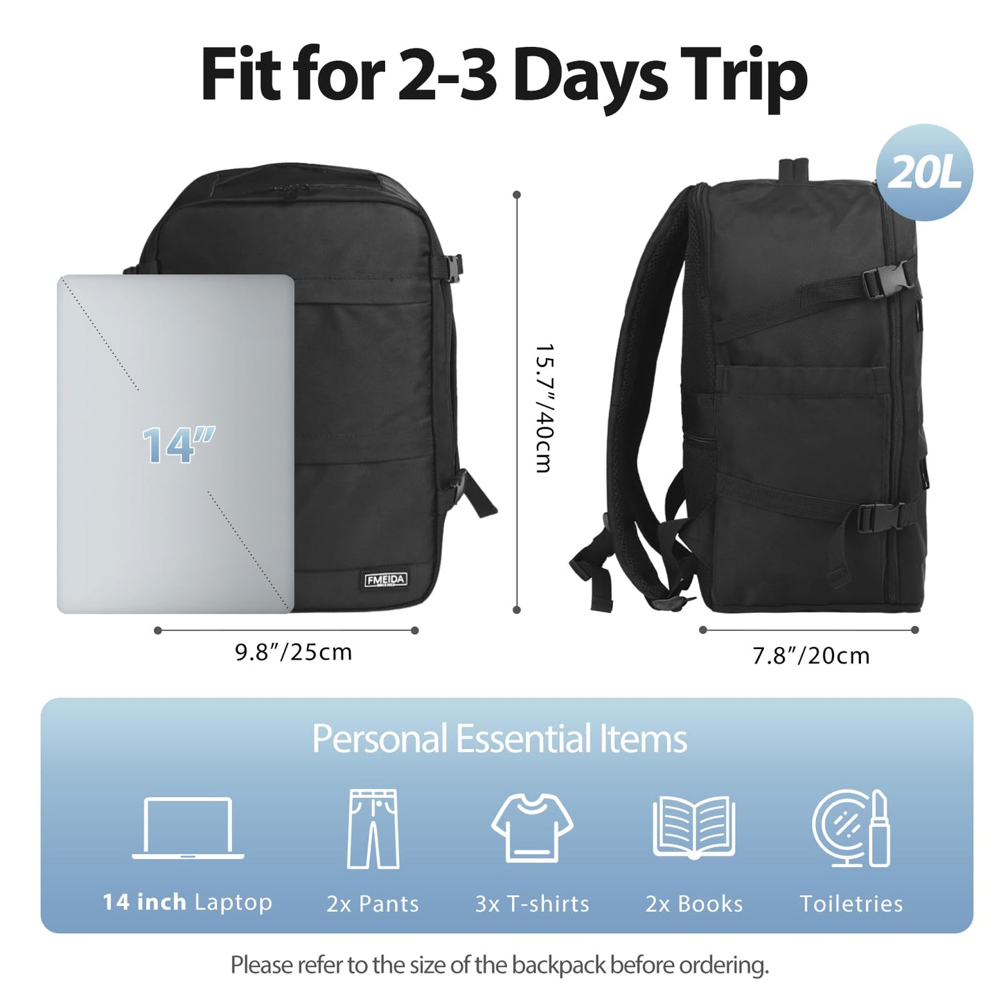 Fmeida Travel Backpack 14'' Laptop Carry on Luggage Backpack for Airplanes, Flight Approved Underseat Personal Item Travel Bag Airplane for Women Men, Sac a Dos Voyage Cabine Avion 40x20x25 cm, Black