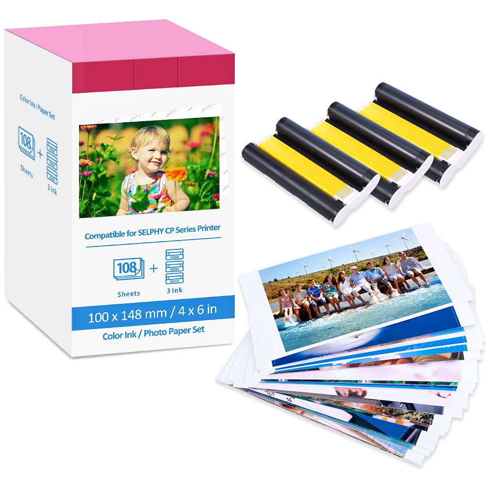 Greateam Compatible with KP108IN Canon Selphy Ink and Photo Paper Compatible with Canon Selphy CP1500 CP1300 CP1200, CP1000, CP910 Photo Printers, 108 Sheets and 3 Color Ink Cassette