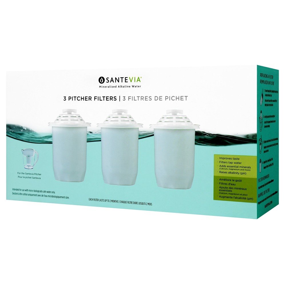 Santevia Water Filter Pitcher Replacement Filters, 3-Pack, Compatible with Santevia Classic Pitchers Only, Alkaline, Adds Back Minerals
